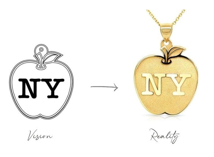 Two apple shaped pendants a sketch labeled Vision on the left side and a gold necklace labeled Reality on the right side, both engraved letters NY on a white background