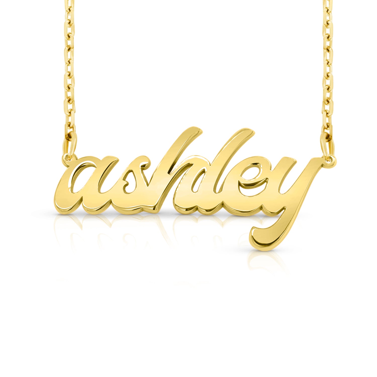 Gold necklace with a custom name pedant on a white background
