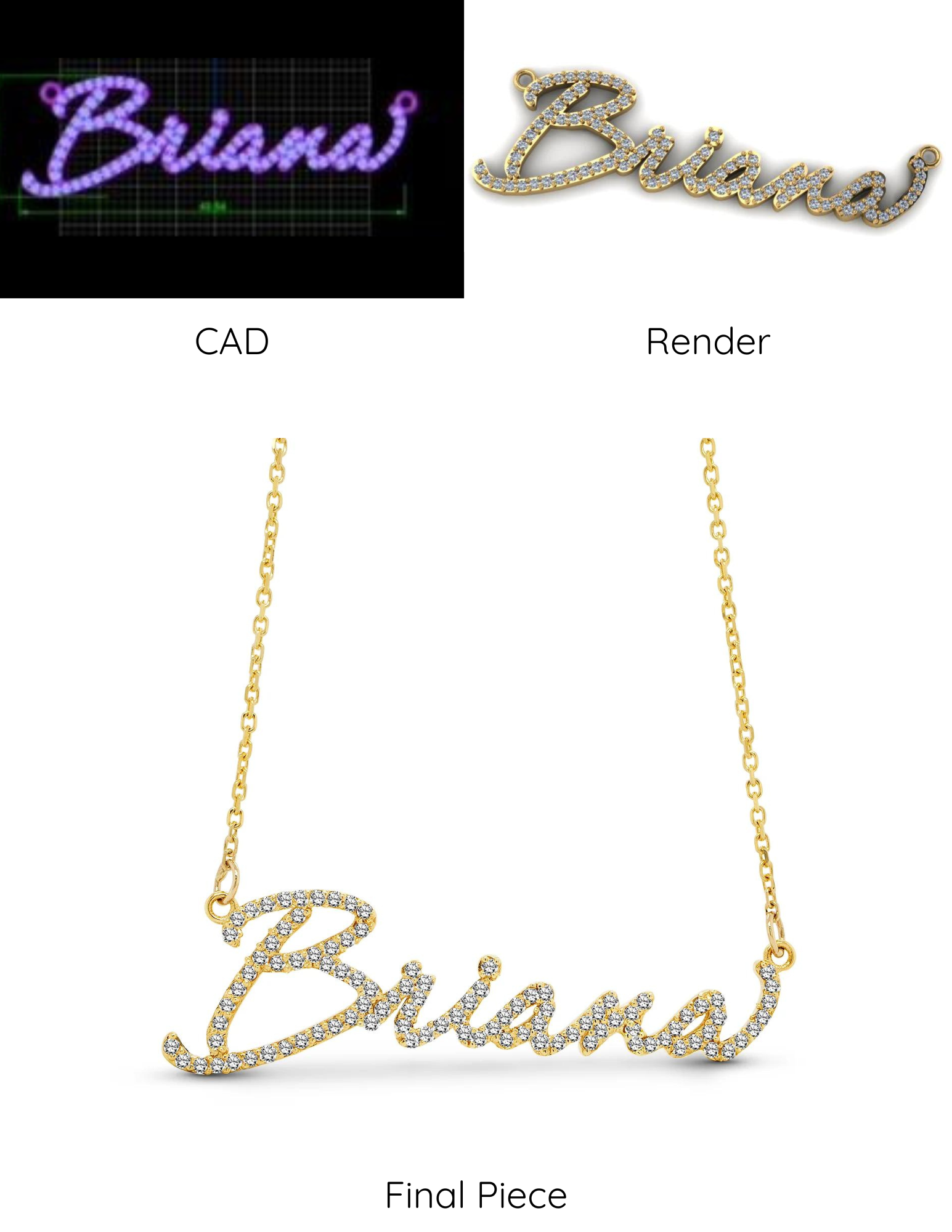 Custom gold name pendant on CAD model, render and final piece