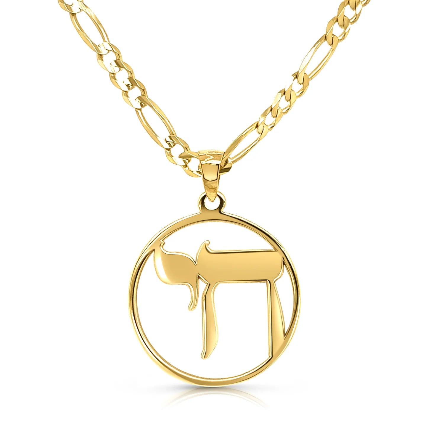 Gold round chai pendant on a white background