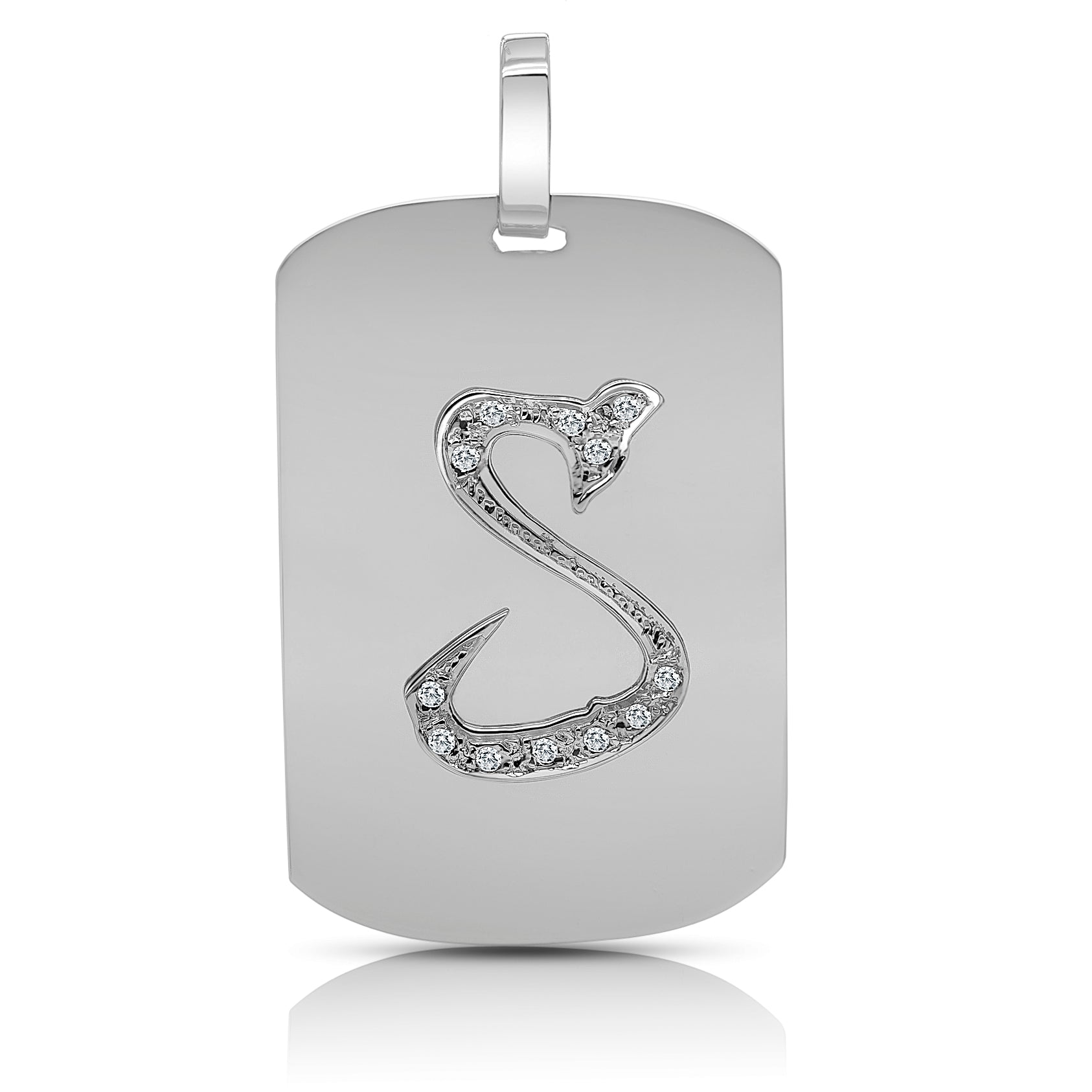 Silver dog tag with engraved letter adorned with diamonds on a white background