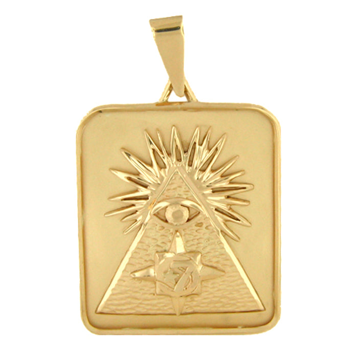 Gold square pendant with engraved sunburst and pyramid design on a white background