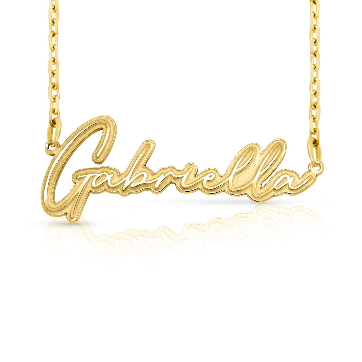 Gold necklace with a custom name pedant on a white background