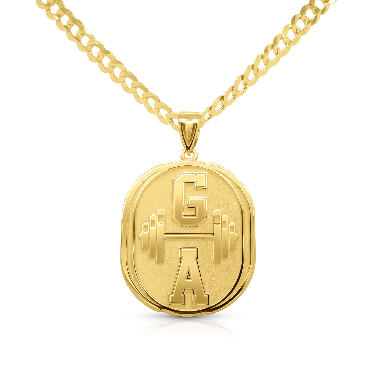 Gold necklace with a coin-shaped pendant with an engraved letter ona white background