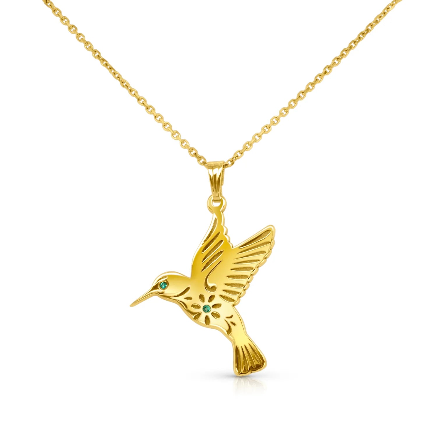 Gold humminbird custom pendant on a white background