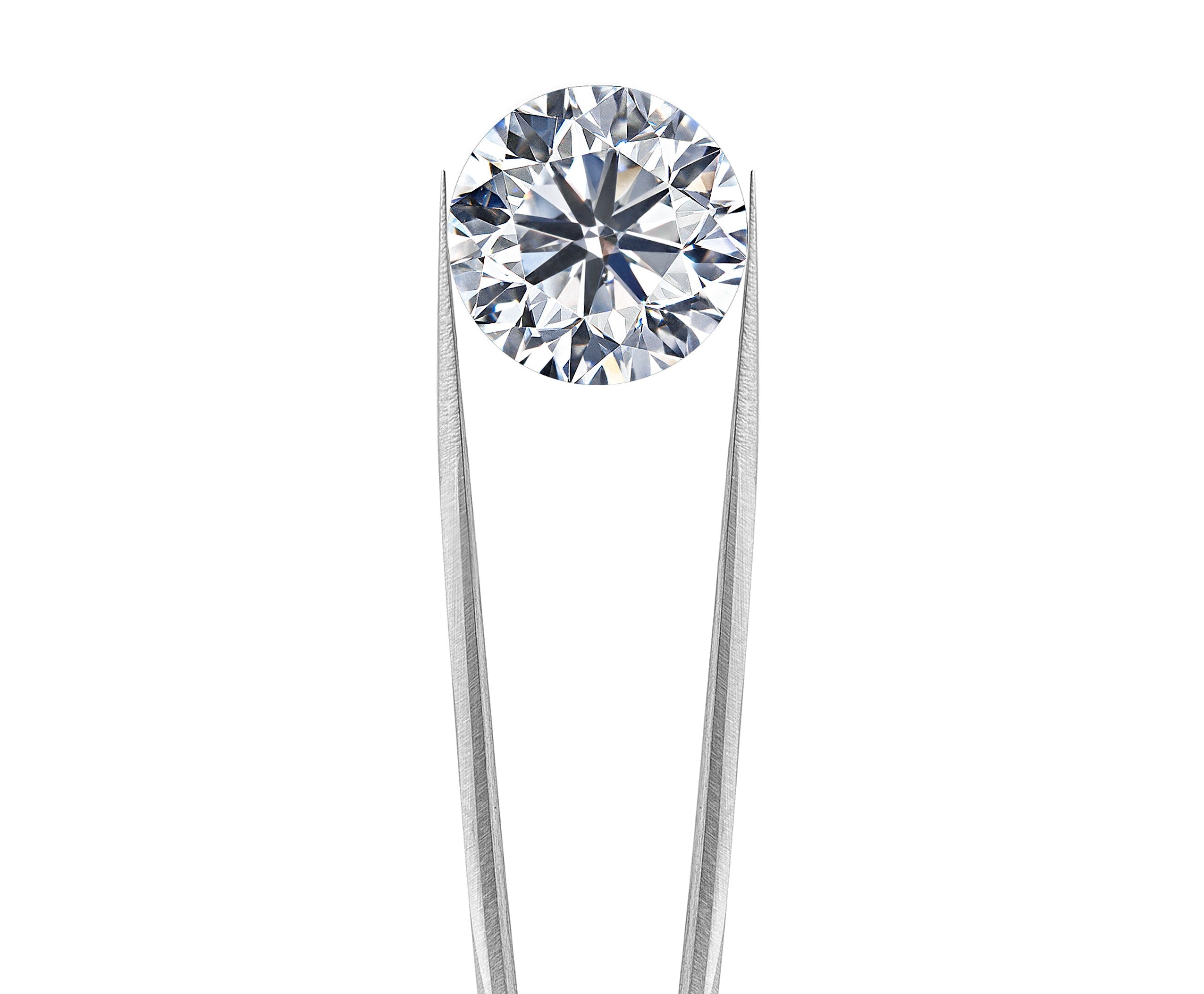 Round shaped diamond held by a tweezer on a white background
