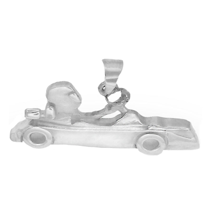 Silver go kart pendant with a driver on a white background