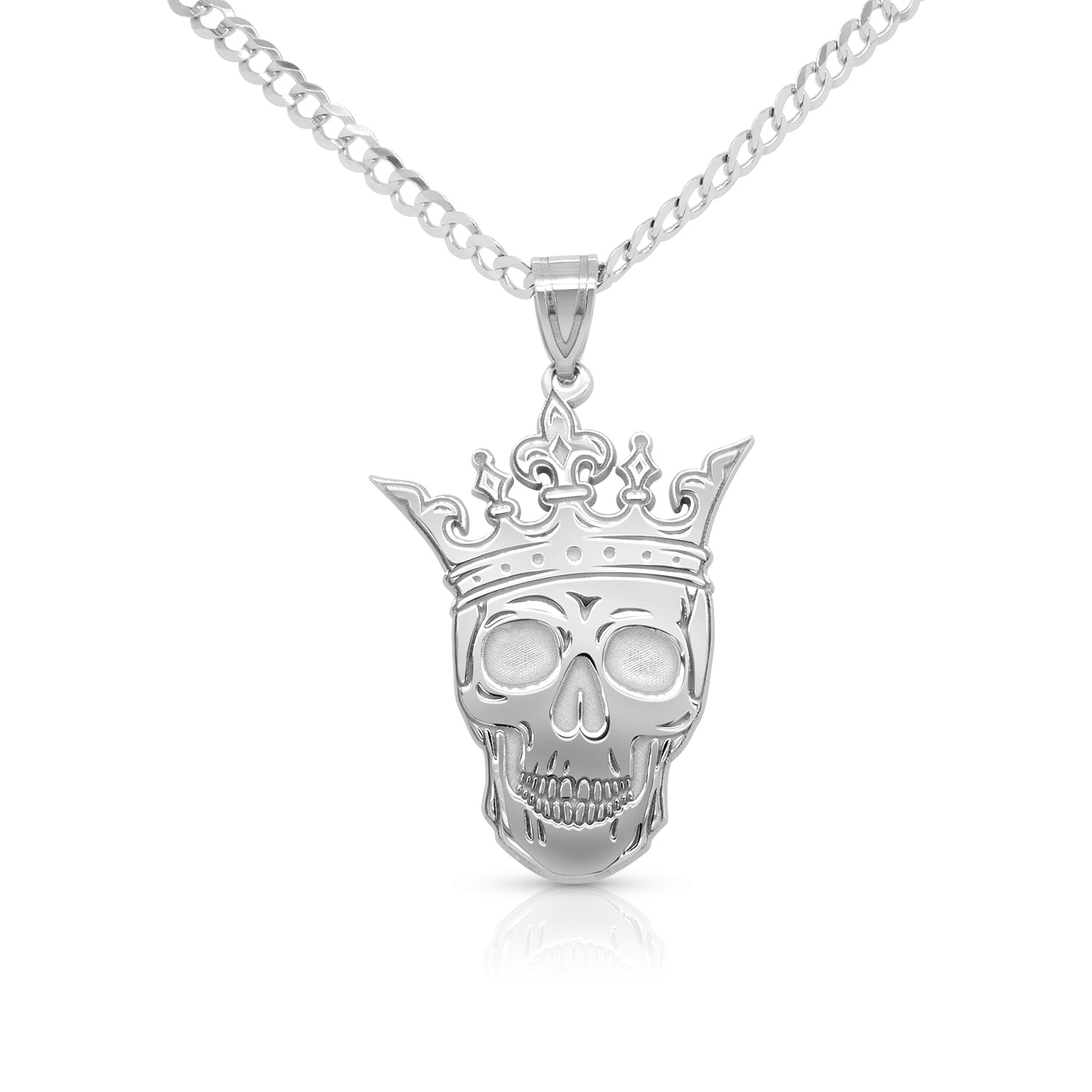 Silver skull with a crown pendant on a white background
