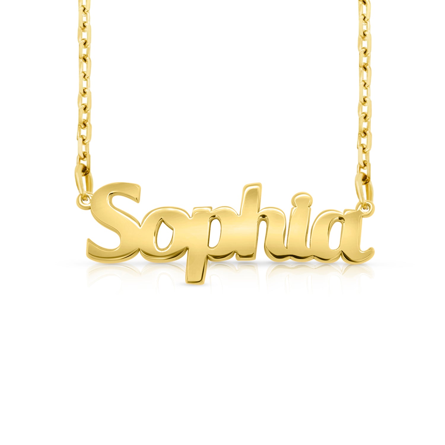 Gold necklace with a custom name pedant on a white background