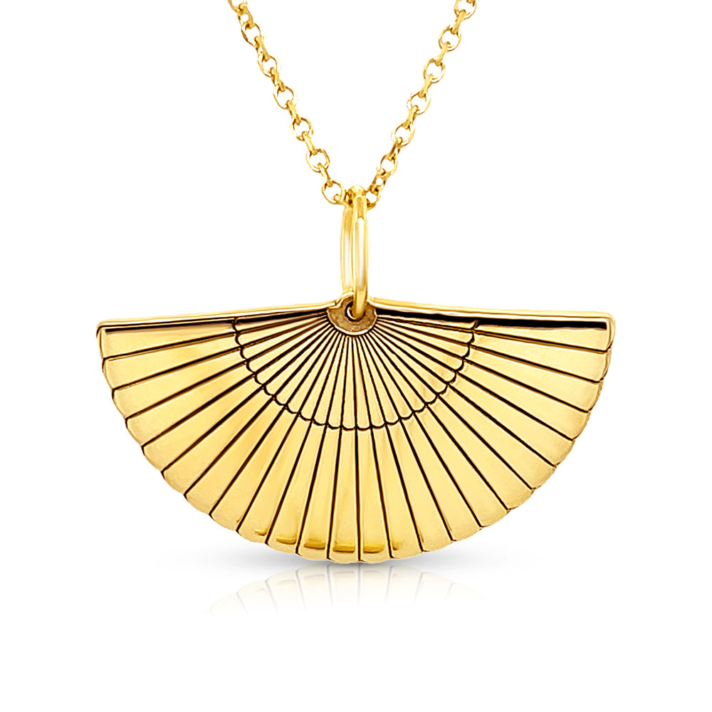 Gold fan shaped pendant on a white bacground
