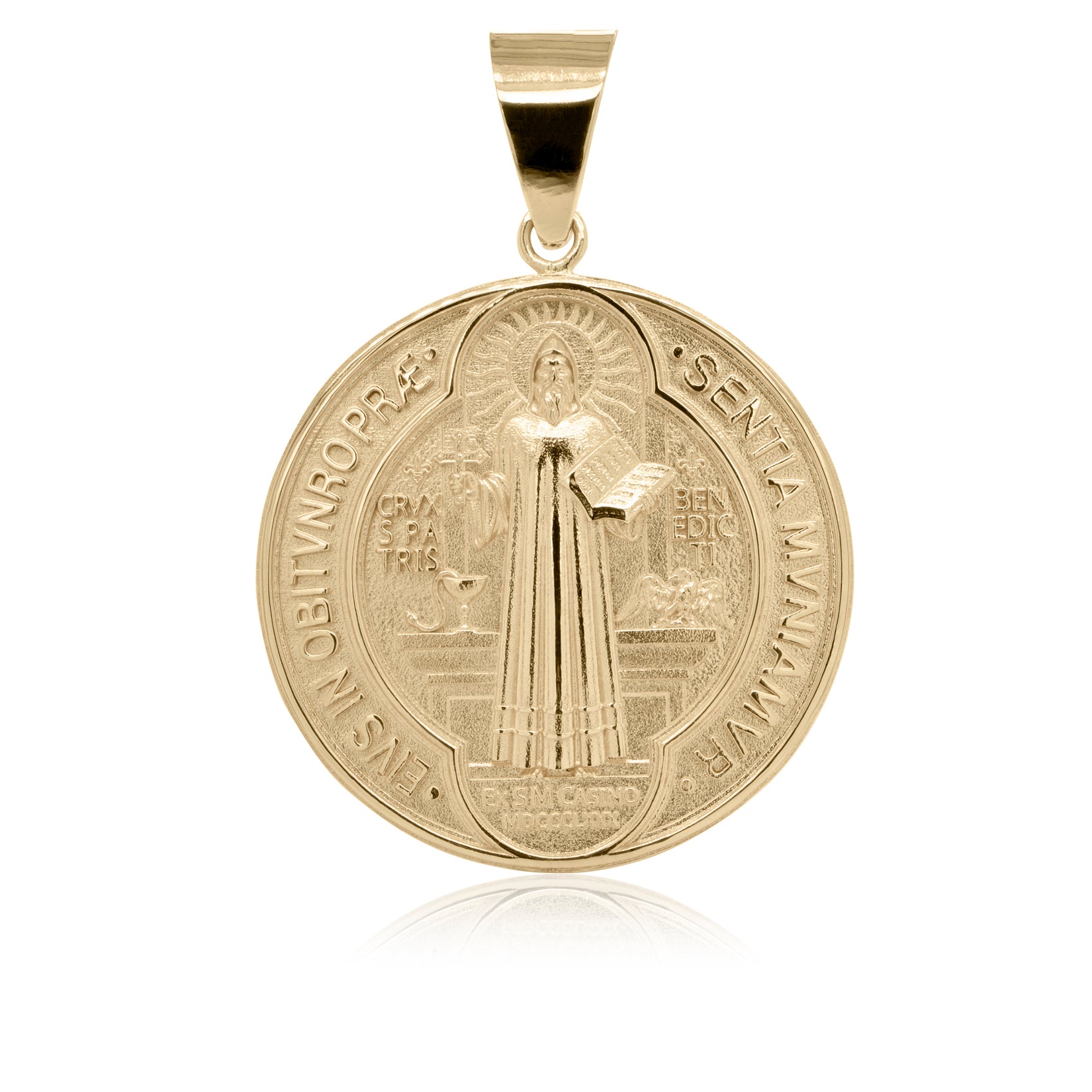 Gold round pendant with a St. benedict engraved on a white background