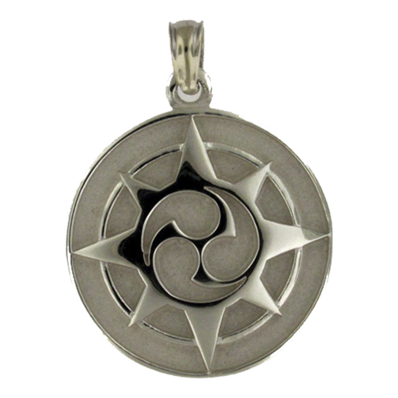 Silver round pendant with engraved design on a white background