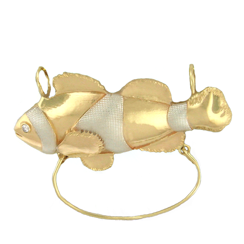 Goldfish pendant with a gold wire design on a white background