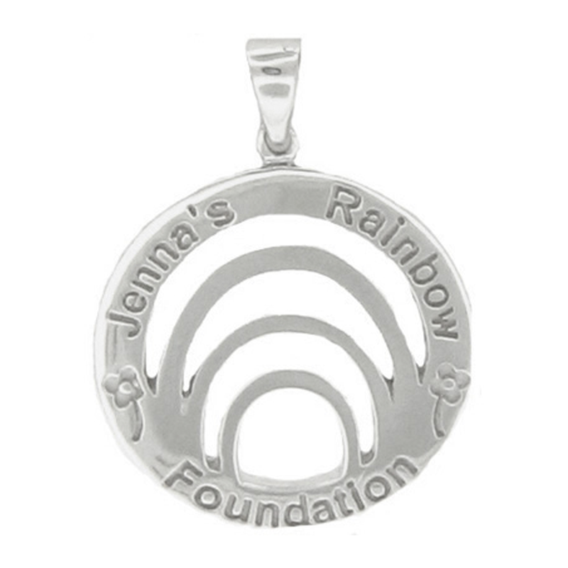 Silver round pendant with engraved text on a white background