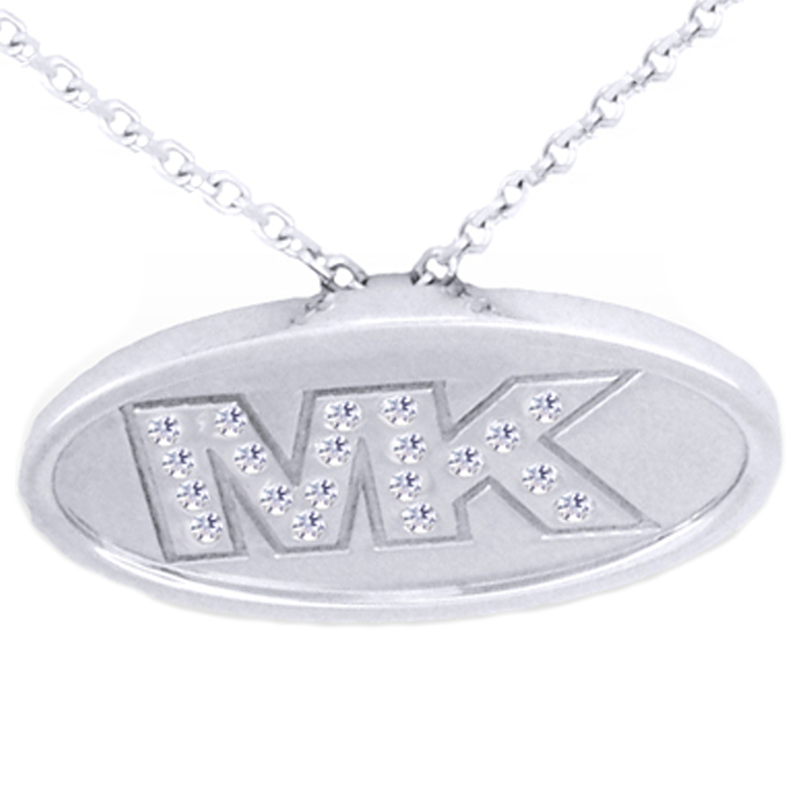 Silver oval tag pendant with a custom initials adorned with diamonds on a white background