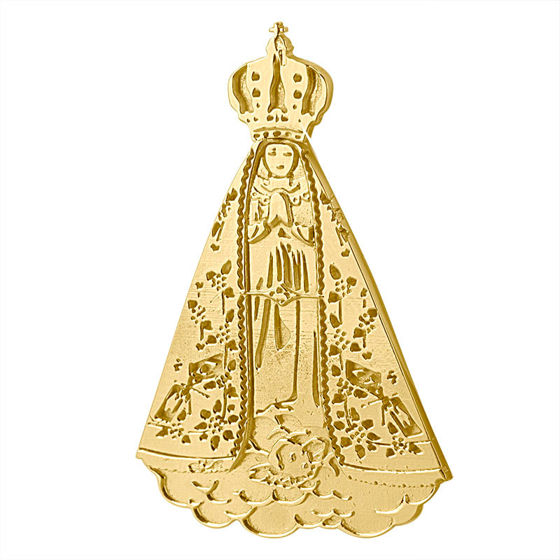 Gold relegious figure pendant with engraved detail on a white background