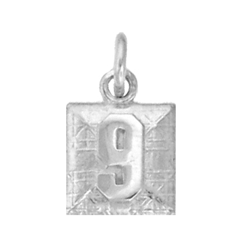 Silver square shaped pendant with engraved number 9 on a white background