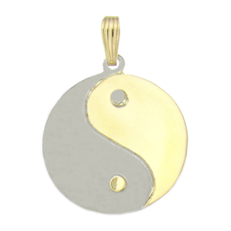 Yin Yang in a gold and silver pendant on a white background