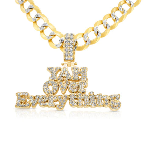 Gold necklace with a diamond custom name pendant on a white background