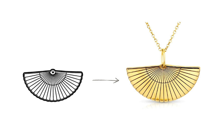 Sketch and finished product of a gold fan shaped pendant on white background