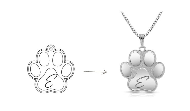 Sketch and finished product of a silver paw print pendant on white background