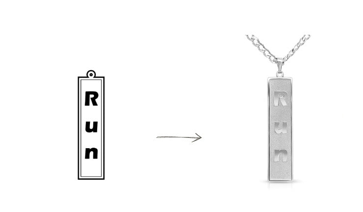 Sketch and finished product of a silver rectangular pendant engraved with the word RUN on white background
