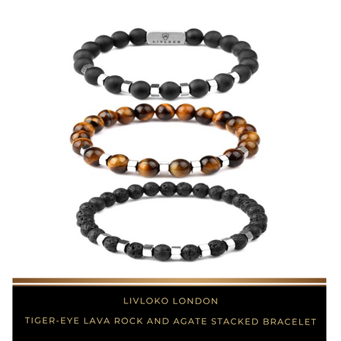 Tiger-eye Lava Rock and Agate Stacked Bracelet