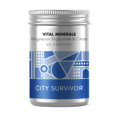 City Survivor's Vital Minerals Magnesium supplement is packaged in a metal pot with blue label showing a city and pigeon grapic