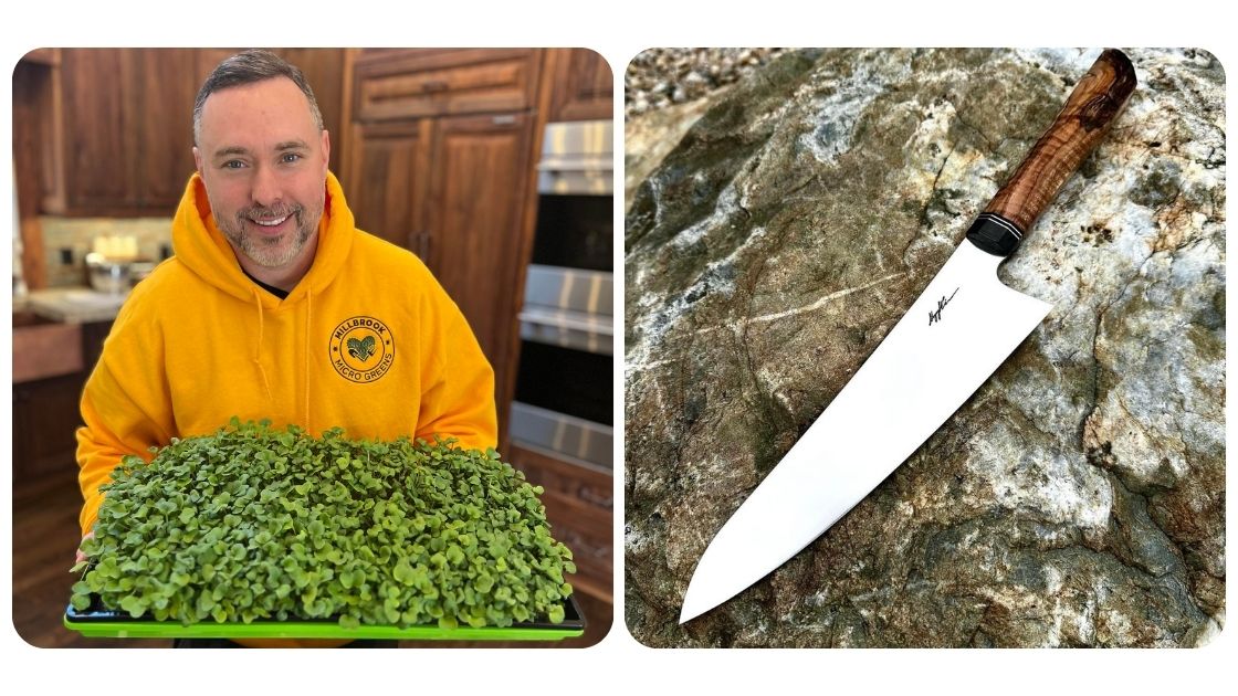 Zac from Millbrook Micro Greens holding a tray of china rose radish microgreens and the culinary knives he sells