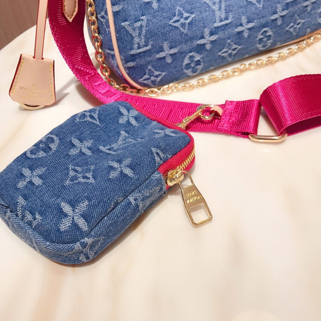 LV Fashion New Monogram Print Canvas Wallet Shoulder Bag Crossbody Bag Two Piece Suit Blue