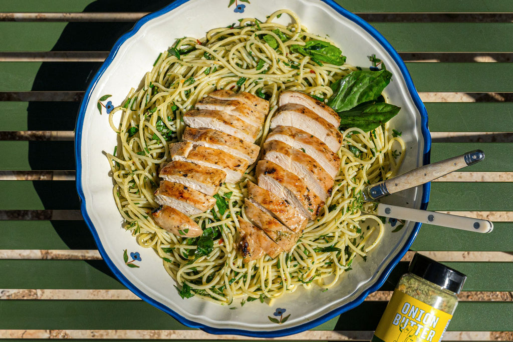 Onion Butter Chicken Breasts with Spaghetti & Herbs – Fire & Smoke Society