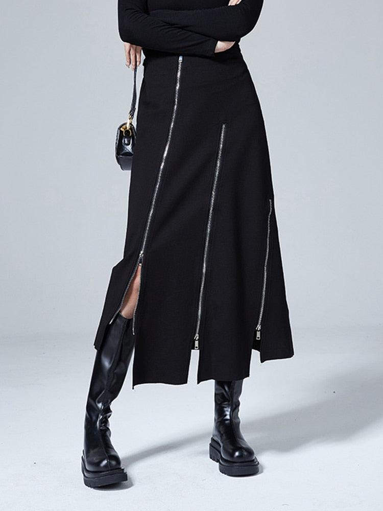 High Waist Black Zipper Irregular Skirt