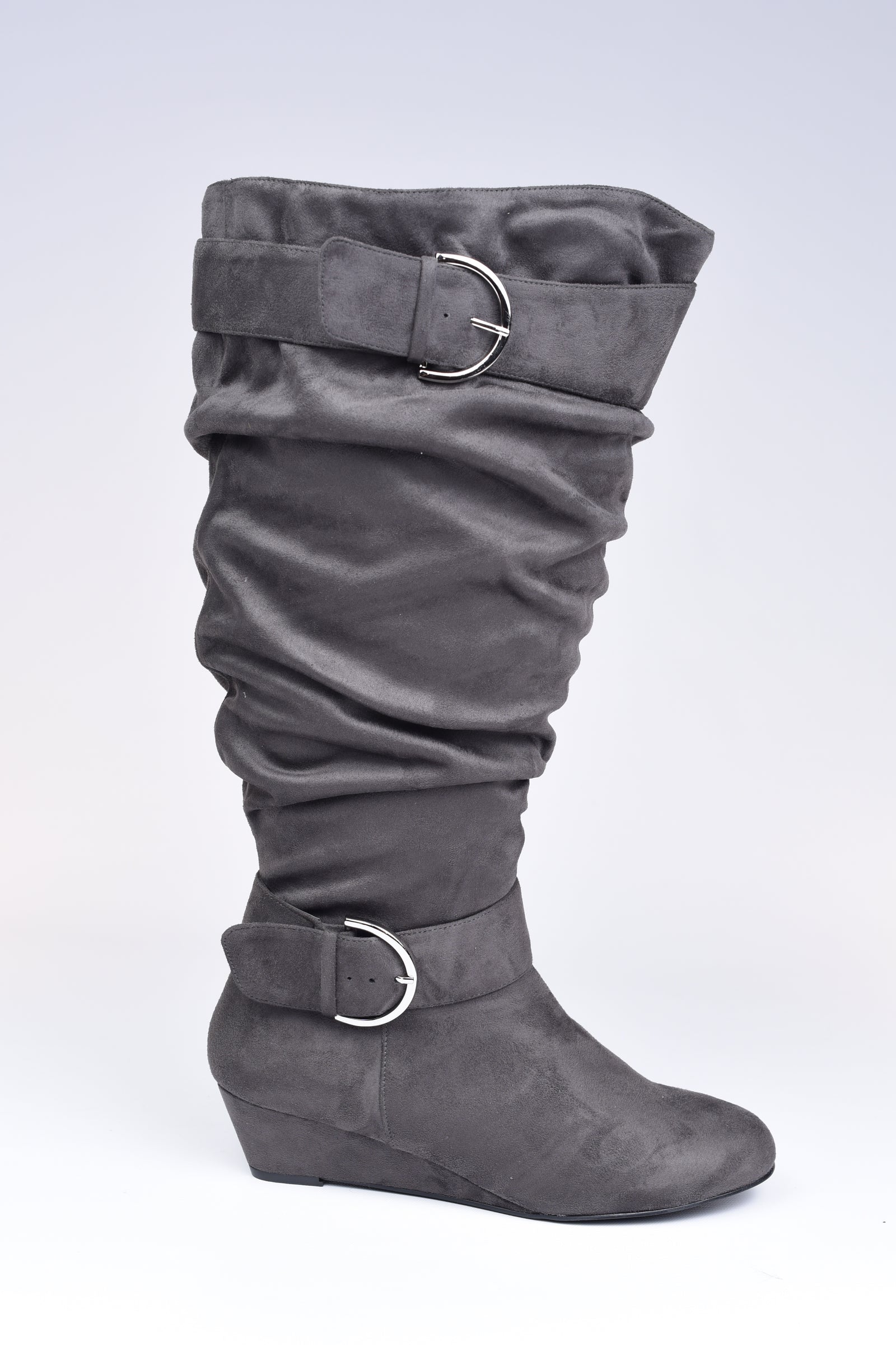 Grey Slouchy Buckle Boots - Extra Wide 