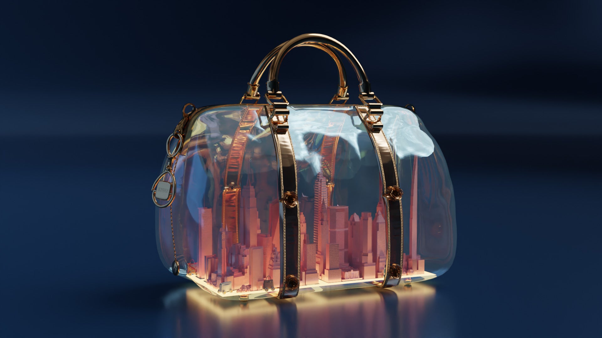 SM5 by Heledahn NYC Bag commision for Runway Magazine is a 3D model of a transparent bag with a miniature of NYC inside