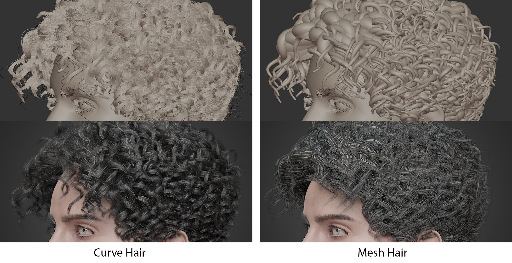 Transhuman4Blender curve hair vs mesh hair