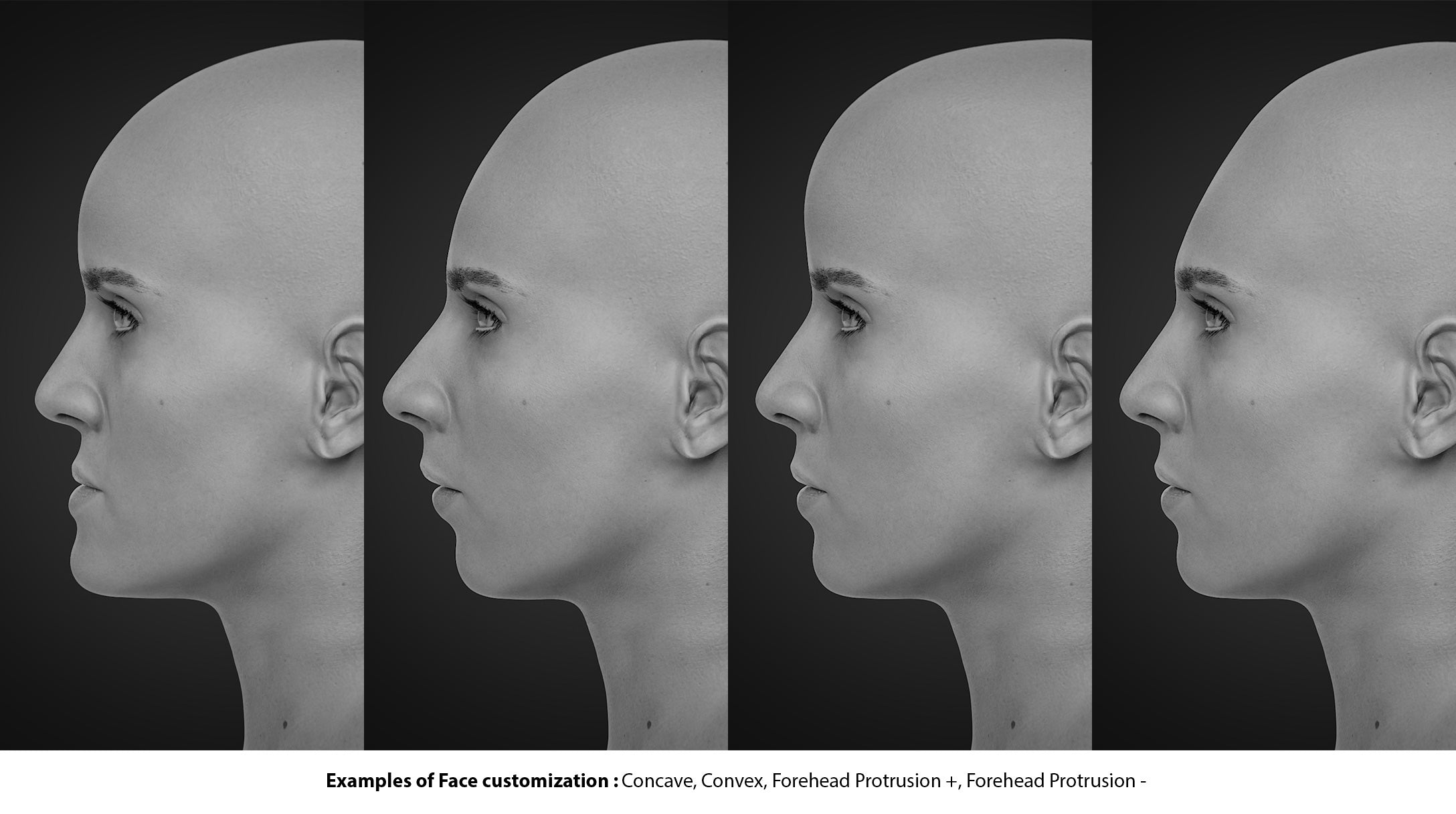 Examples of Face customization : Concave, Convex, Forehead Protrusion +, Forehead Protrusion -