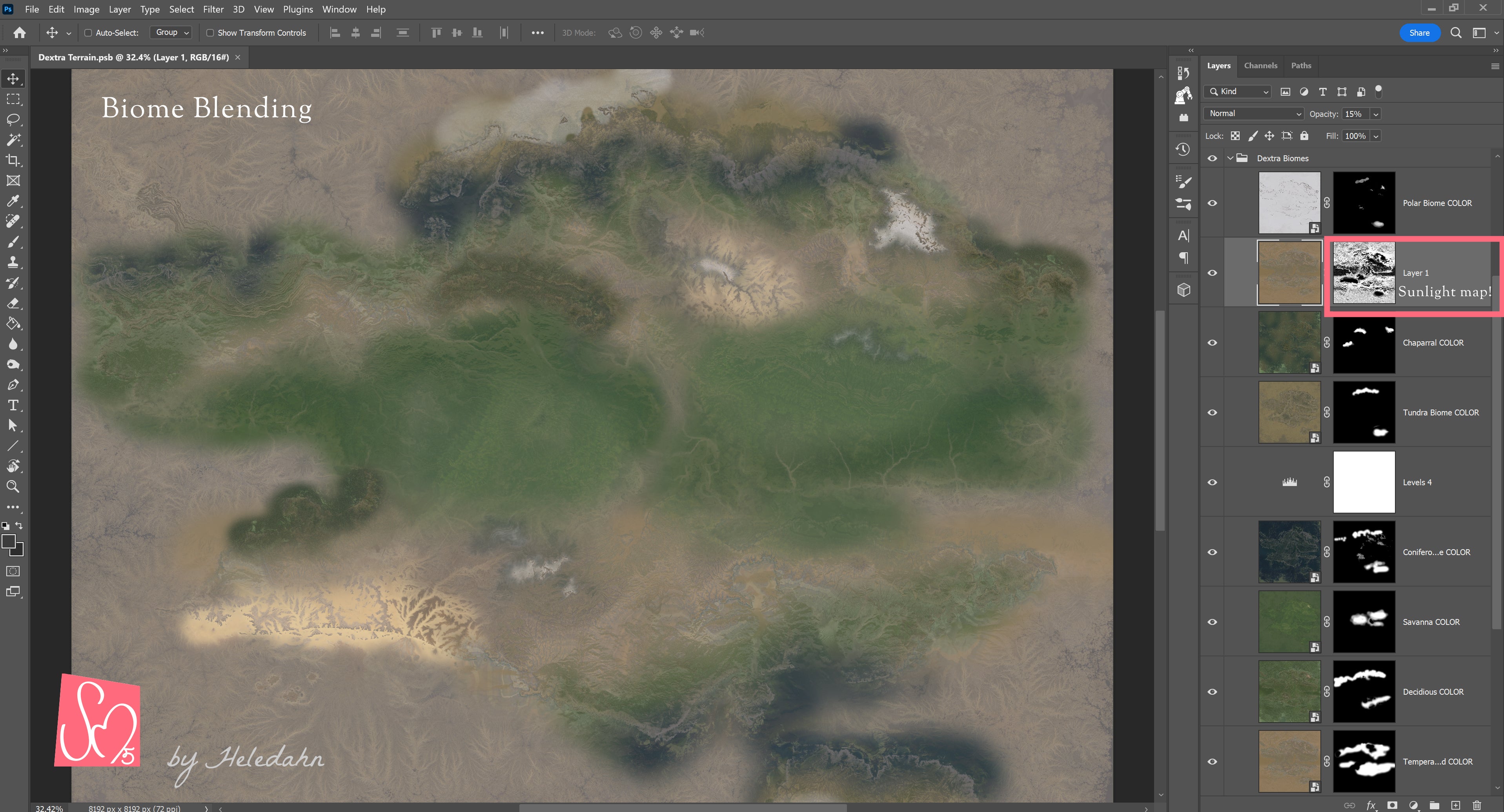 Blending the biome terrains in Photoshop to create a 3D terrain, by Heledahn