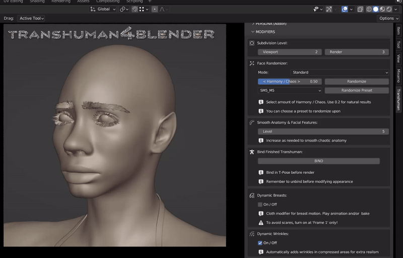 Transhuman4Blender Randomizer modifier in Progressive mode