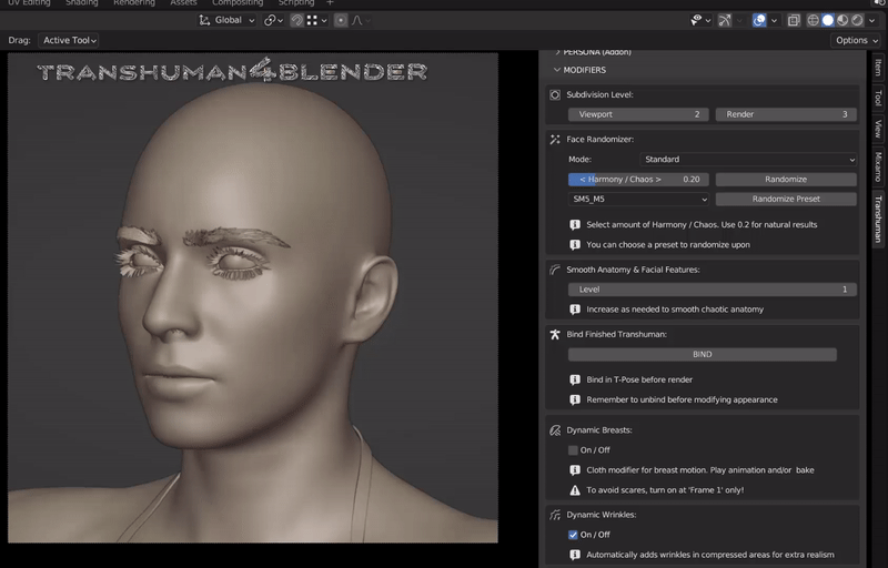Transhuman4Blender Randomizer modifier in Standard mode
