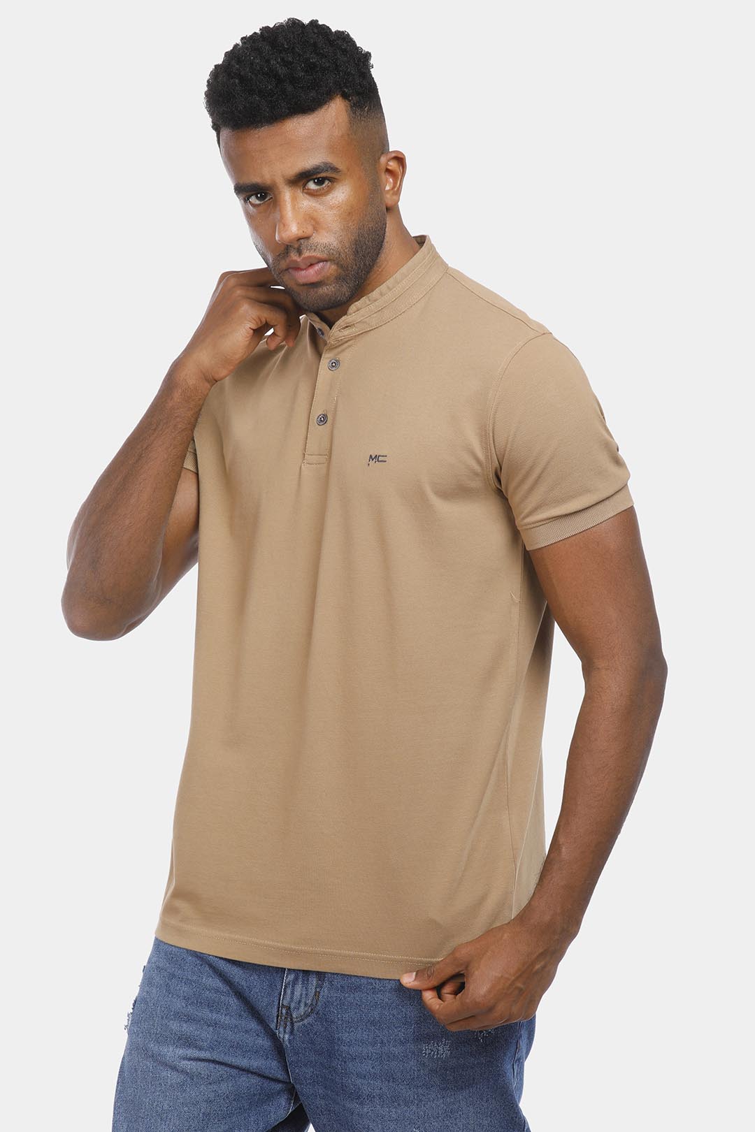 Coffee Mandarin Collar Polo Shirt