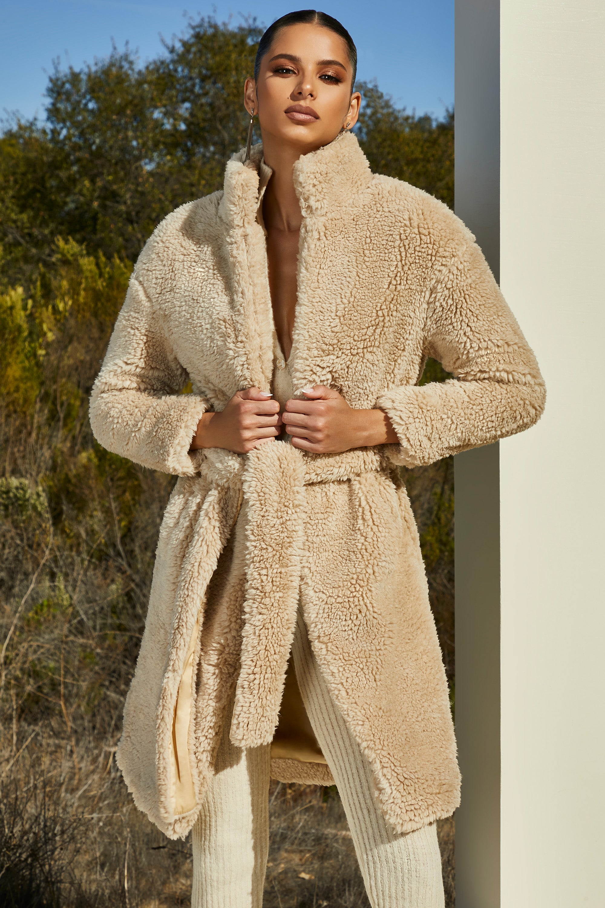 Boss Belted Faux Fur Longline Coat in Cream | Oh Polly