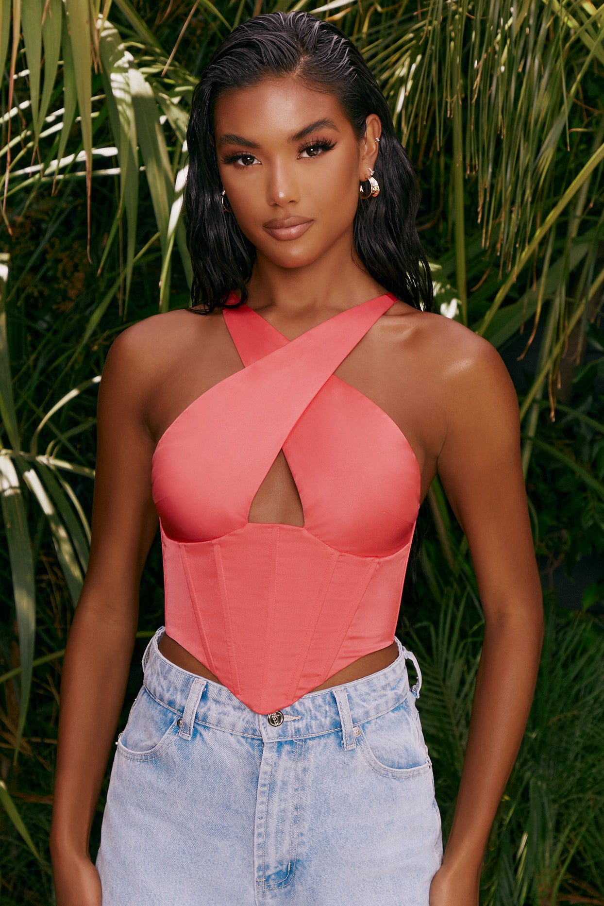 Hand On Heart Satin Keyhole Corset Crop Top In Pink Oh Polly 4661
