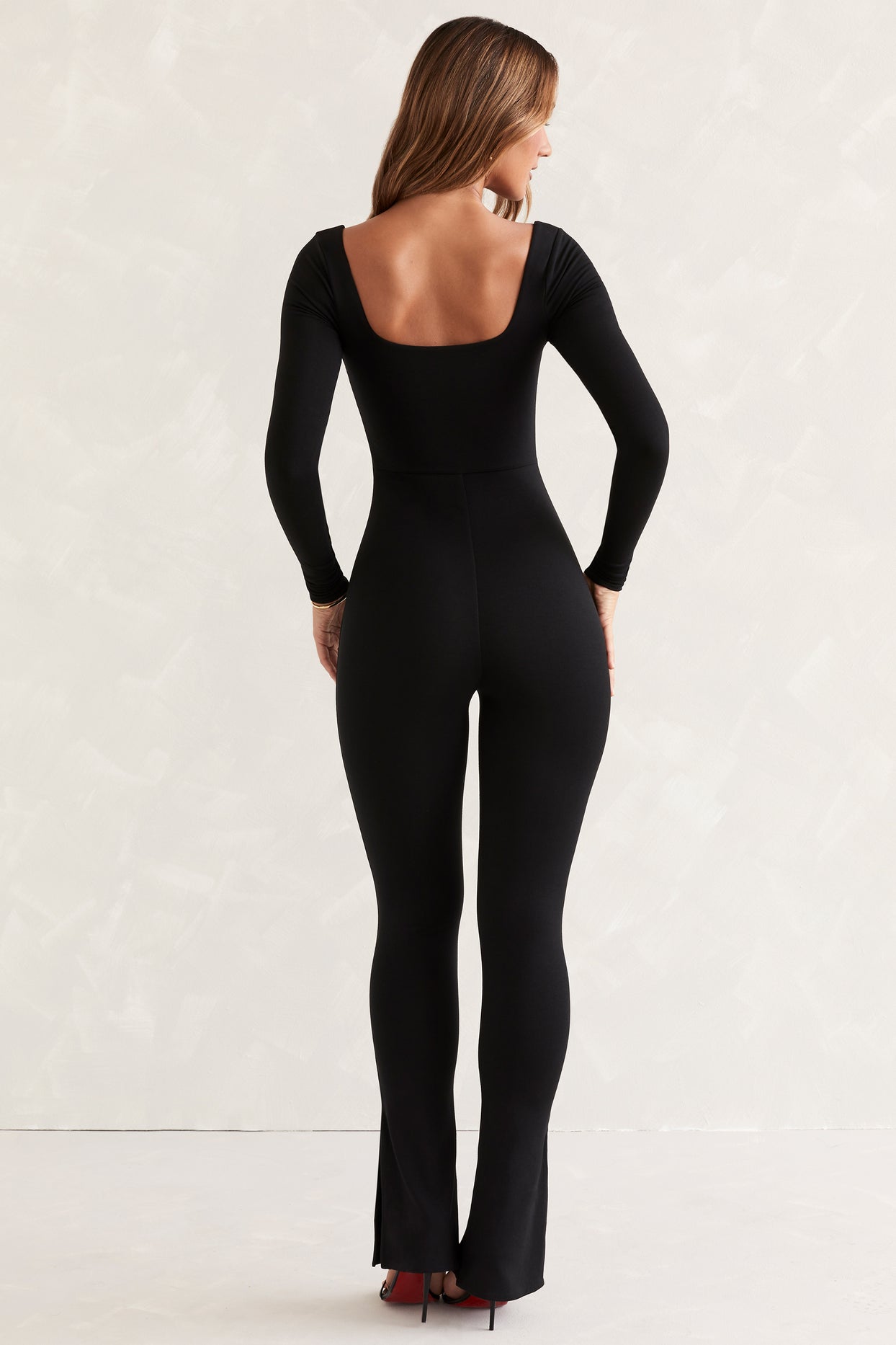 Jett Petite Long Sleeve Square Neck Jumpsuit in Black | Oh Polly