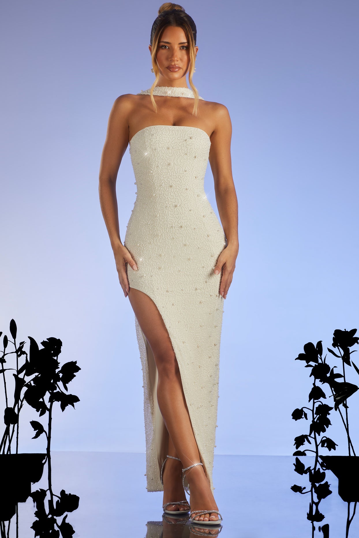 Belgravia Embellished Bandeau Thigh Split Maxi Dress in Ivory Oh Polly