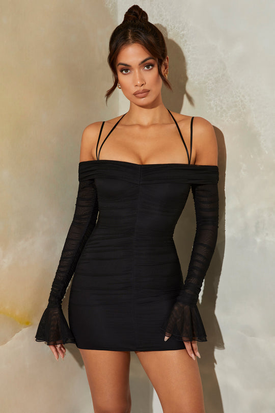 Evren Bardot Long Sleeve Ruched Mini Dress in Black | Oh Polly