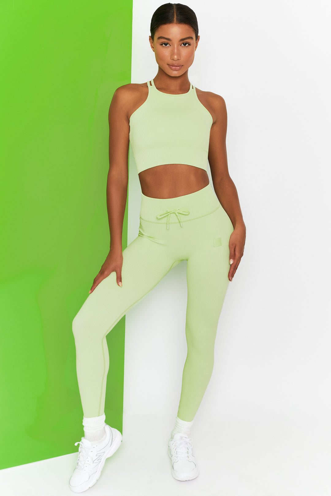 Energise Ribbed Tie Front Full Length Leggings in Lime | Oh Polly