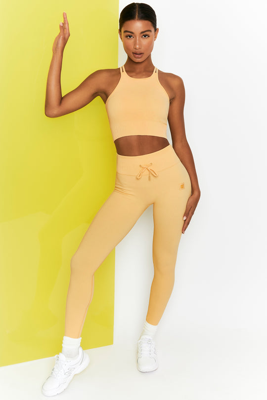 Energise Petite Ribbed Tie Front Full Length Leggings in Yellow | Oh Polly