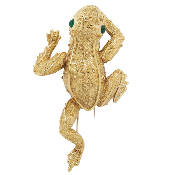 Estate Collection Small Textured Frog Brooch with Emerald Cabochon Eyes