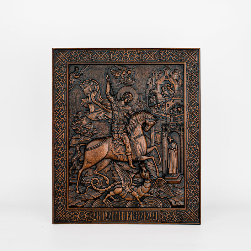 2022 New Saint George and the Dracon Wooden Carved， religious Wall decor icon christian gift for men