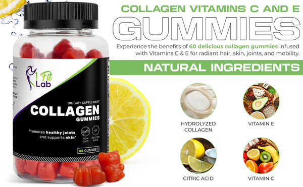 bottle of collagen gummies and ingredients infographic